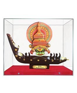 Enchanting Kathakali Wooden Boat Miniature Memento: A Harmony of Art and Tradition With Acrylic Box