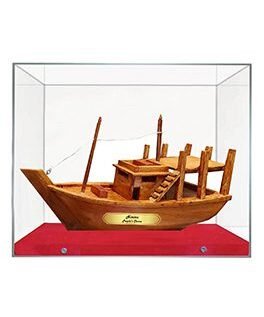 Handcrafted Wooden Fishing Boat Model: Eco-Friendly Decorative Showpiece and Gift Memento With Acrylic Box