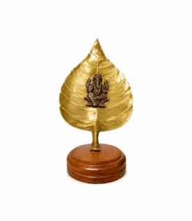 Handcrafted Brass Peepal Leaf with Lord Ganesha on Wooden Base -Spiritual Table Decor & Gift